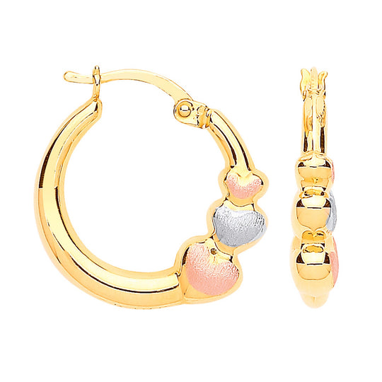 Yellow Gold with R&WG Satin Finish Hearts Hoop Earrings