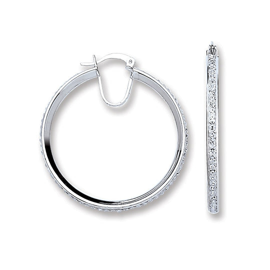 Silver Single Row Crystal Hoop Earrings