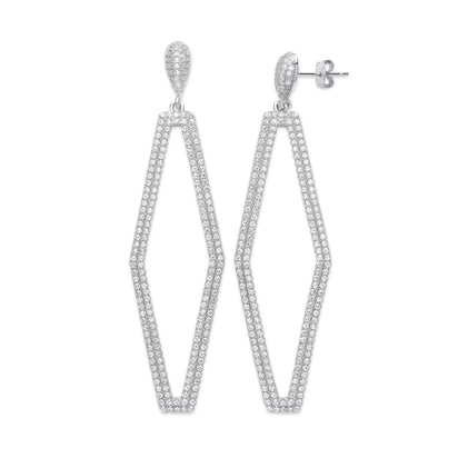 Silver Two Rows Diamond Shape Cz Drop Earrings