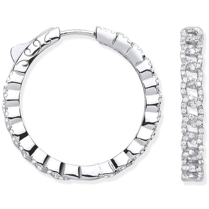 Silver Curb Chain Link CZ Hoop Earrings